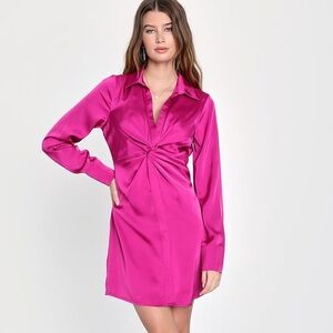 NWT Lulu’s Poshest Presence Magenta Satin Twist-Front Collared Mini Dress